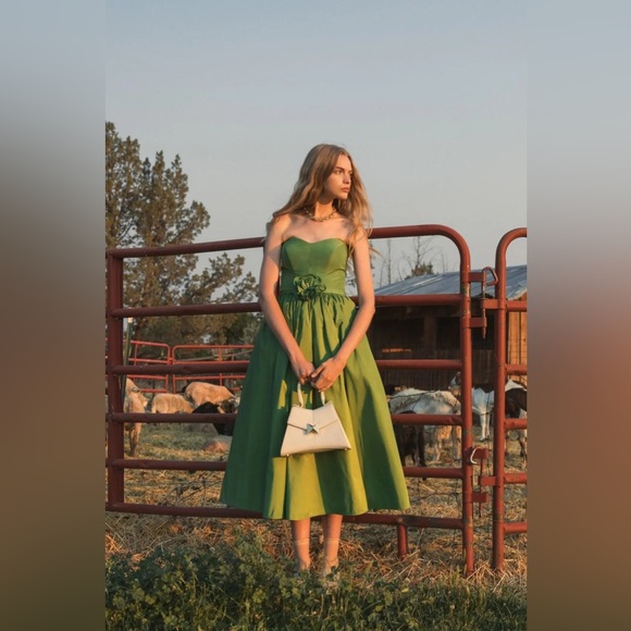MAC DUGGALGreen Faille Strapless A Line Midi Dress With 3D Rose